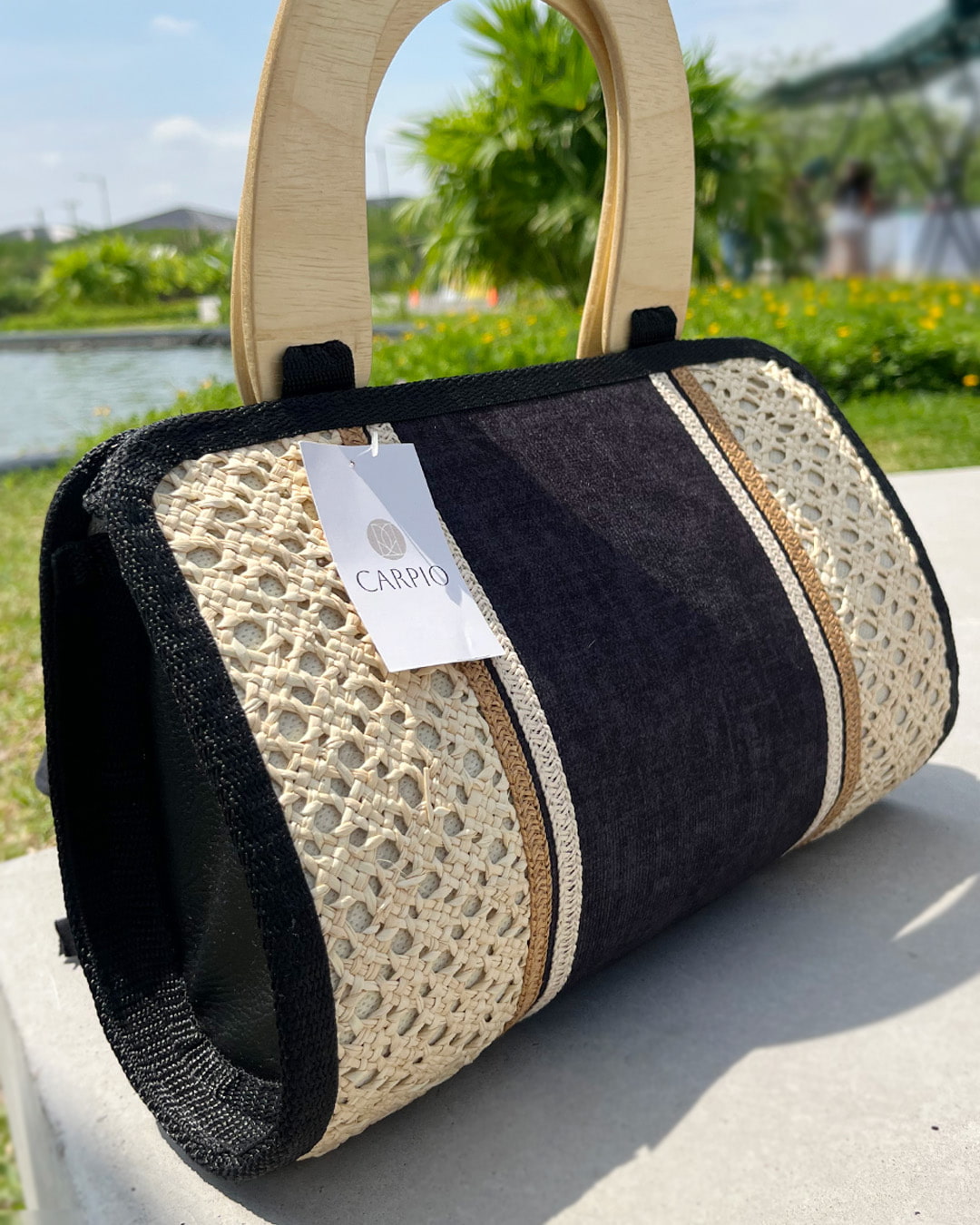 bolso rectangular madera y paja toquilla